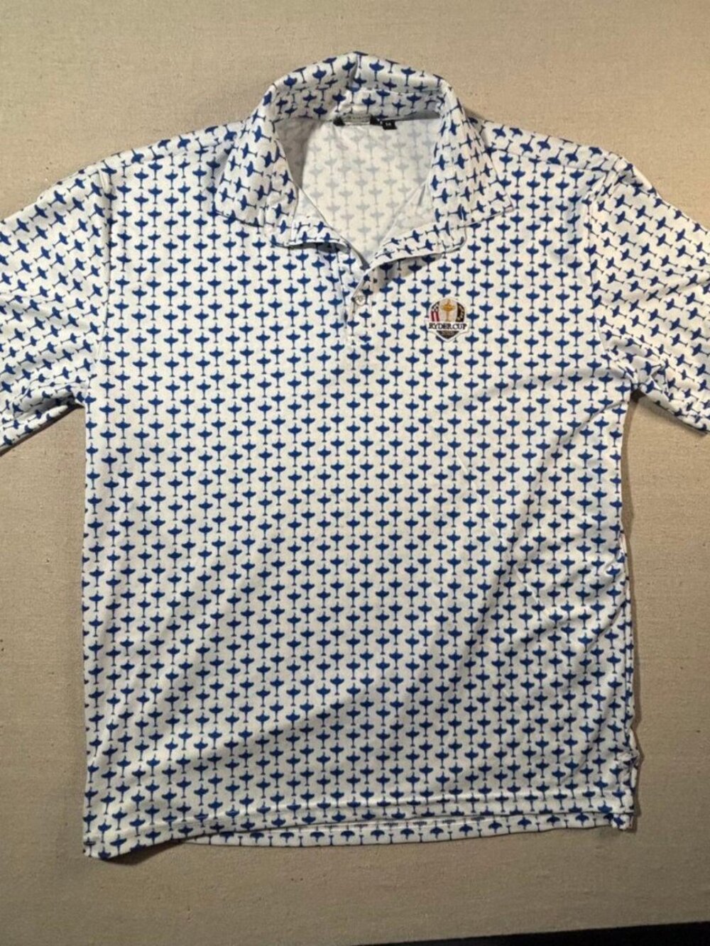 2025 Ryder Cup Polo Shirt Mens M White Blue Trophy Print Golf Embroidered Logo